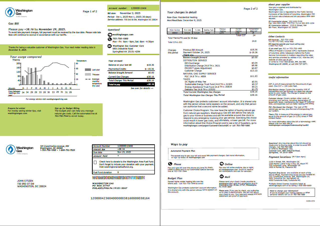 USA Washington Gas utility bill template in Word and PDF formats, 2 pages
